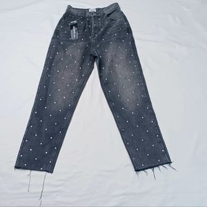 Simple Society High Rise Rhinestone Detail Raw Hem Jeans Womens 1/25 Black Nwt